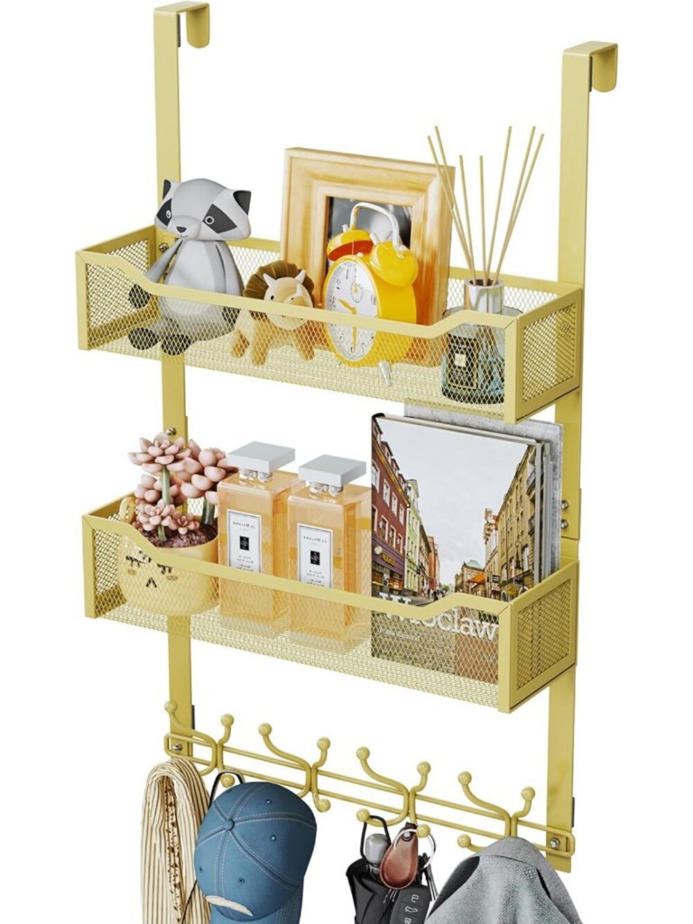 Multi-Functional Over Door Hooks Organizer with 16 Hooks & 2 Baskets - Stylish